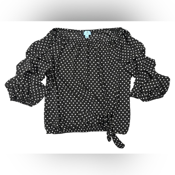 CeCe Blouse Woman’s Large Multi Polka Dot Fitted Off The Shoulder Tie Hum - Picture 1 of 4